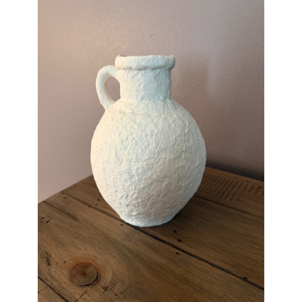 White Textured Paper Mache Decorative Vase Single Handle Rustic Jug Home Decor